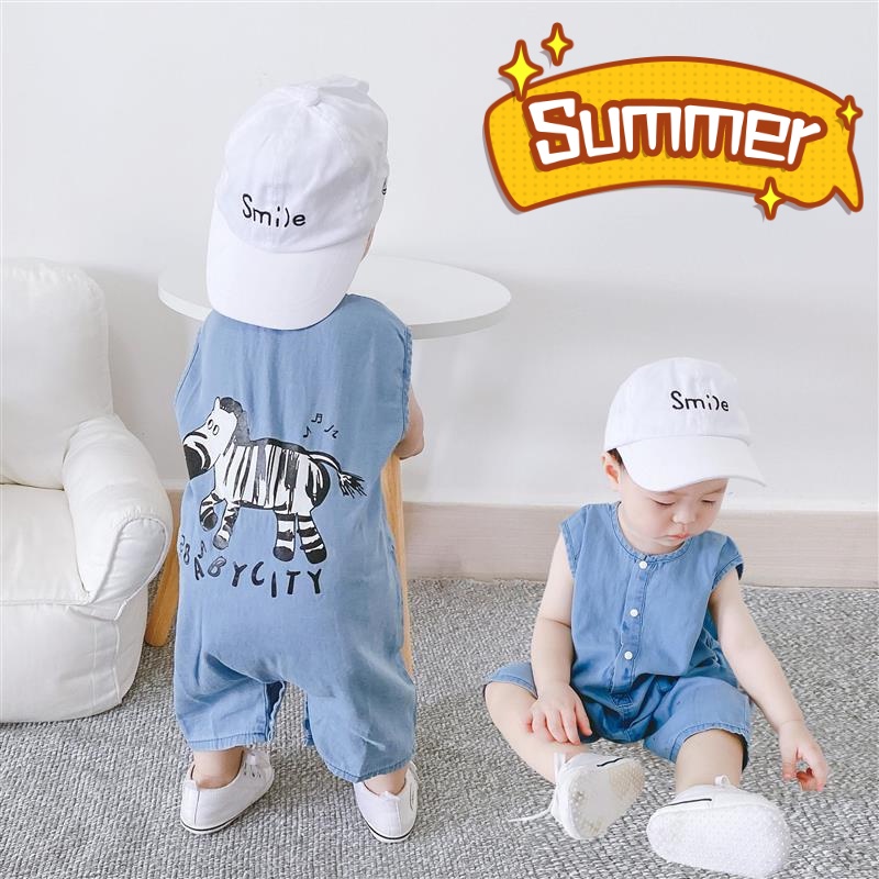 Bộ Áo Liền Quần Bằng Cotton Denim Không Tay In Hoạt Hình Dành Cho Bé Trai Gái 0-12 Tháng Tuổi