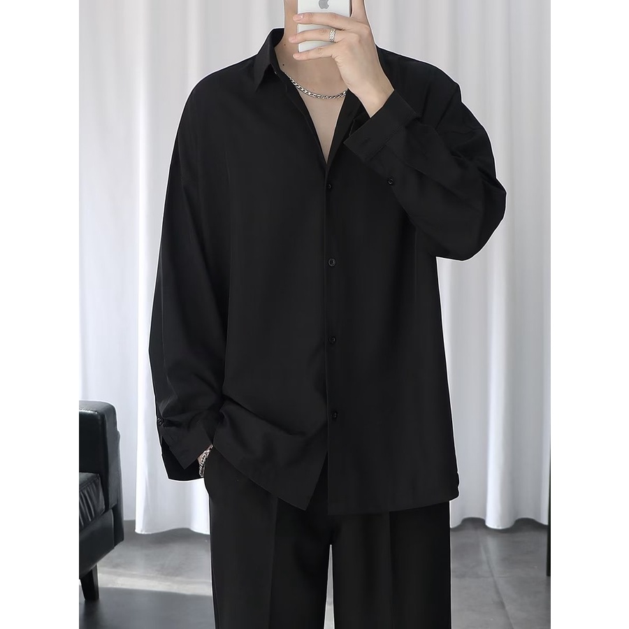 Áo Sơ Mi Tay Dài Dáng Rộng Màu Sắc Đơn Giản Thời Trang Công Sở Cao Cấp Cho Nam