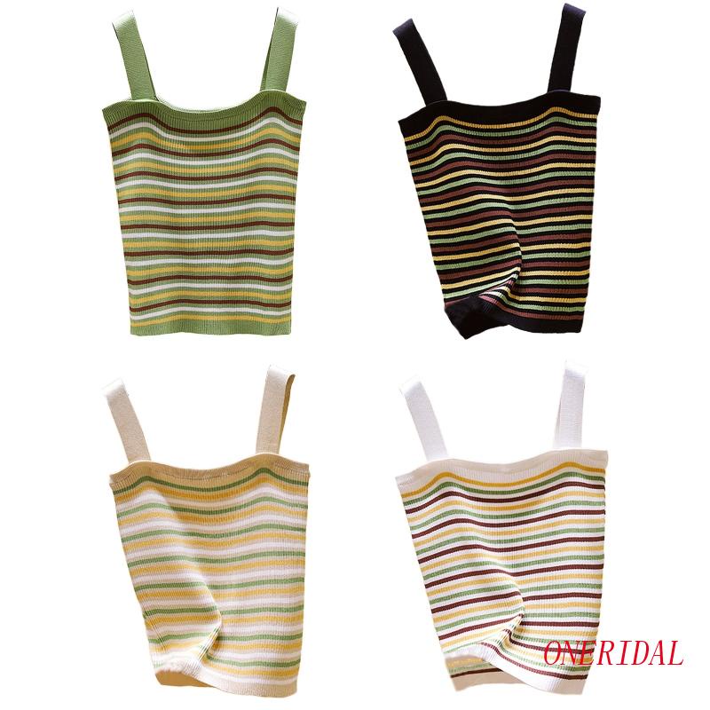 Áo Dệt Kim Hai Dây Ôm Dáng Phối Họa Tiết Kẻ Sọc Cầu Vồng Cho Nữ