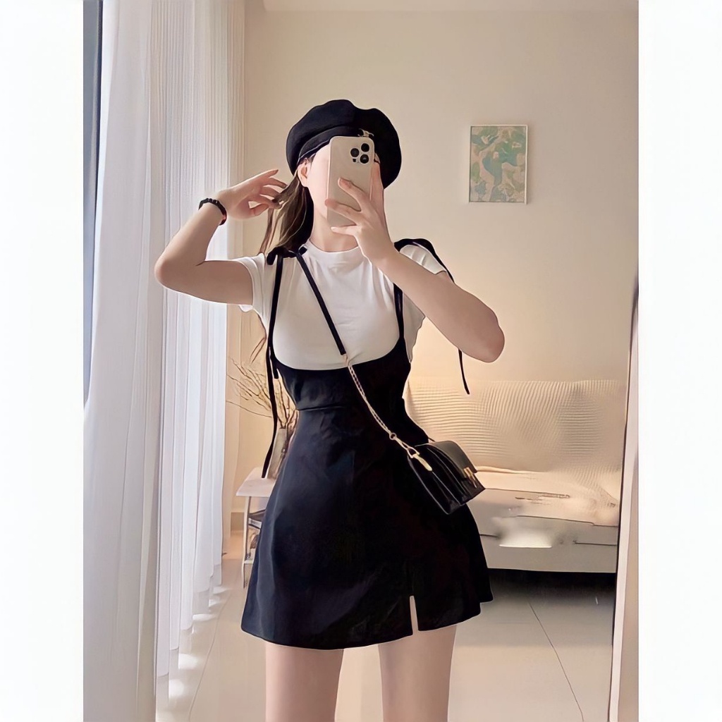 Set váy nữ yếm xẻ ôm body kèm áo bo tăm sexy tôn dáng set váy yếm dài, sét bộ đồ yếm nữ 2 dây thắt nơ hàn quốc, SUBA