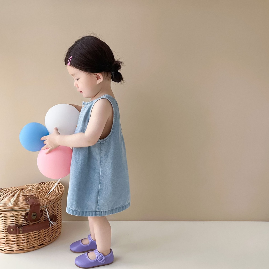 Đầm Denim Sát Nách Mềm Mại Phong Cách Hàn Quốc Thời Trang Mùa Hè Cho Bé Gái 6SCB