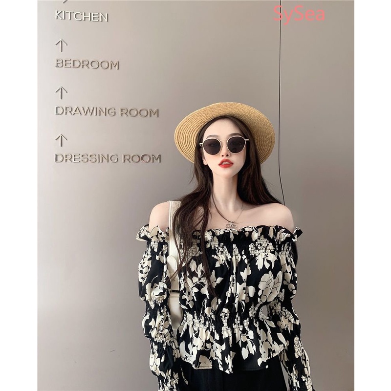 Áo Kiểu Trễ Vai Họa Tiết Hoa Phong Cách Pháp