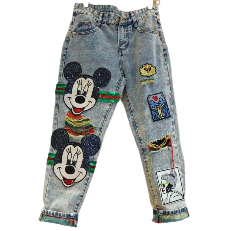 Quần Jean Rách Dáng Rộng Họa Tiết Hoạt Hình Cầu Vồng Thời Trang Cho Nữ