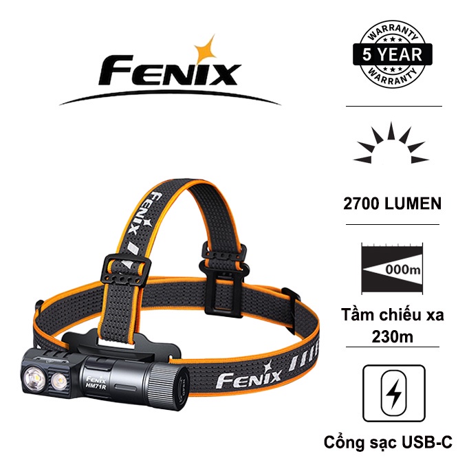 Đèn pin đội đầu FENIX HM71R độ sáng 2700 lumen chiếu xa 230m pin 21700 5000 mah sạc USB-C