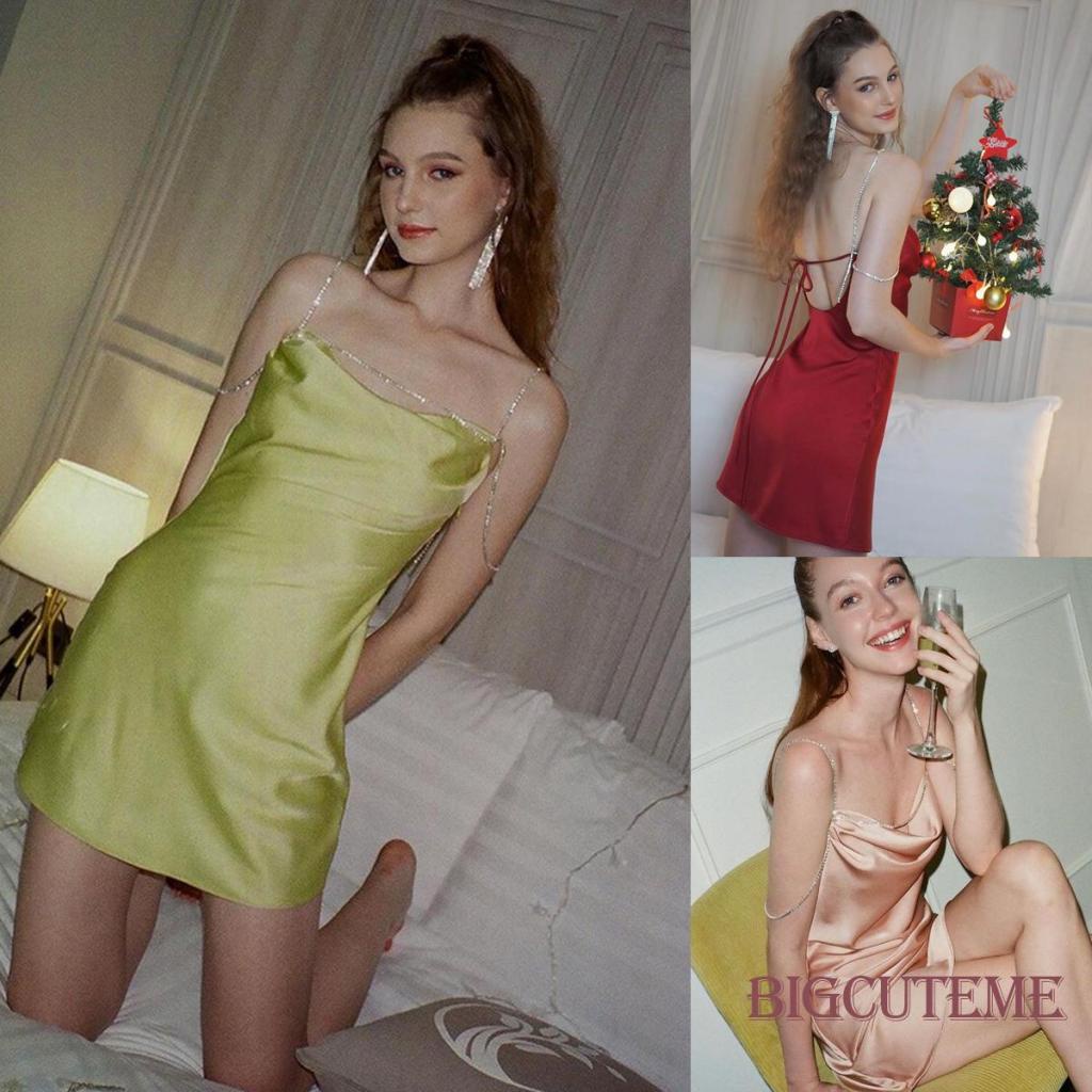 Đầm Ngắn Không Tay Hở Vai Màu Sắc Trơn Đính Đá Dành Cho Nữ