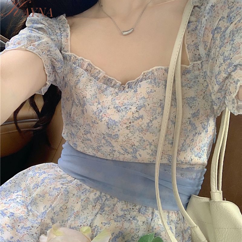 Kayna Đầm Dài Dáng Ôm Tay Phồng In Họa Tiết Hoa Thanh Lịch Thời Trang Mùa Hè Cho Nữ