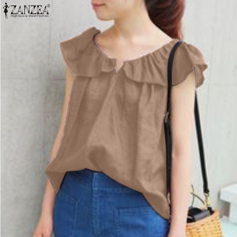 Áo tanktop ZANZEA không tay nhún bèo cổ chữ V phong cách Hàn Quốc cho nữ