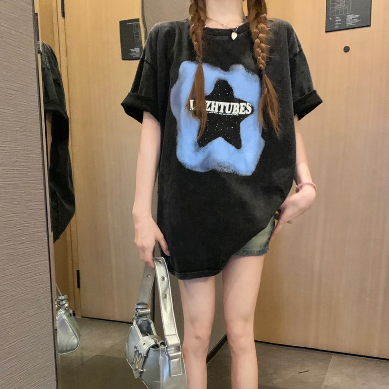 Áo Thun Đen Dáng Rộng In Chữ Và Ngôi Sao Thời Trang Mùa Hè Năng Động