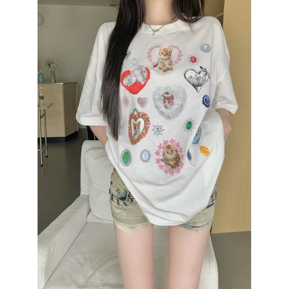 Áo Thun Dáng Rộng In Hình Chó Mèo Dễ Thương Thời Trang Mùa Hè Cho Nữ