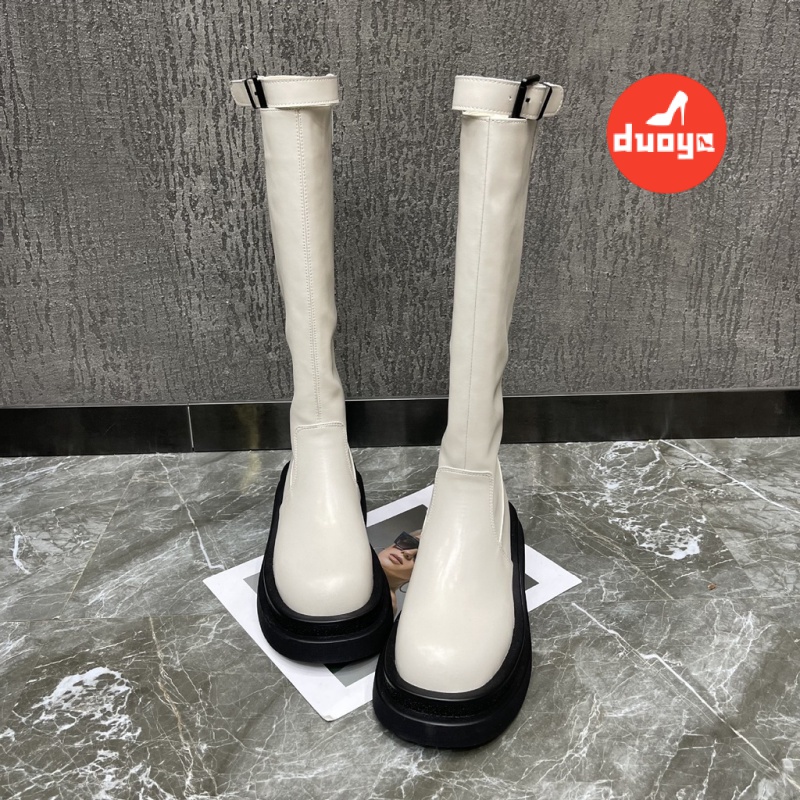 Duoya Tóc Thẳng ~ [Hàng Có Sẵn] Giày Bốt Cao Đến Đầu Gối Dày Dặn Có Khóa Cài Thời Trang Thu Đông Cao Cấp OL Chất Lượng Cao Cho Nữ