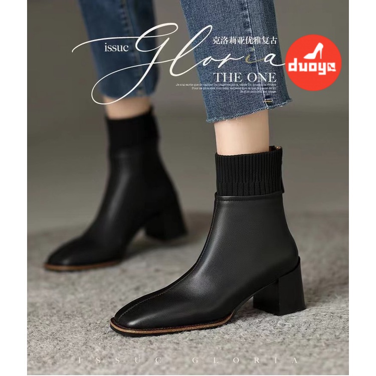 Giày Bốt Cao Gót Martin Cao Su PU Mỏng Ống Ngắn Phối Khóa Kéo Thời Trang Thu Đông 2022 Cho NữGiày Bốt Mũi Vuông Đế Dày 6-8cm Thiết Kế Dễ Thương