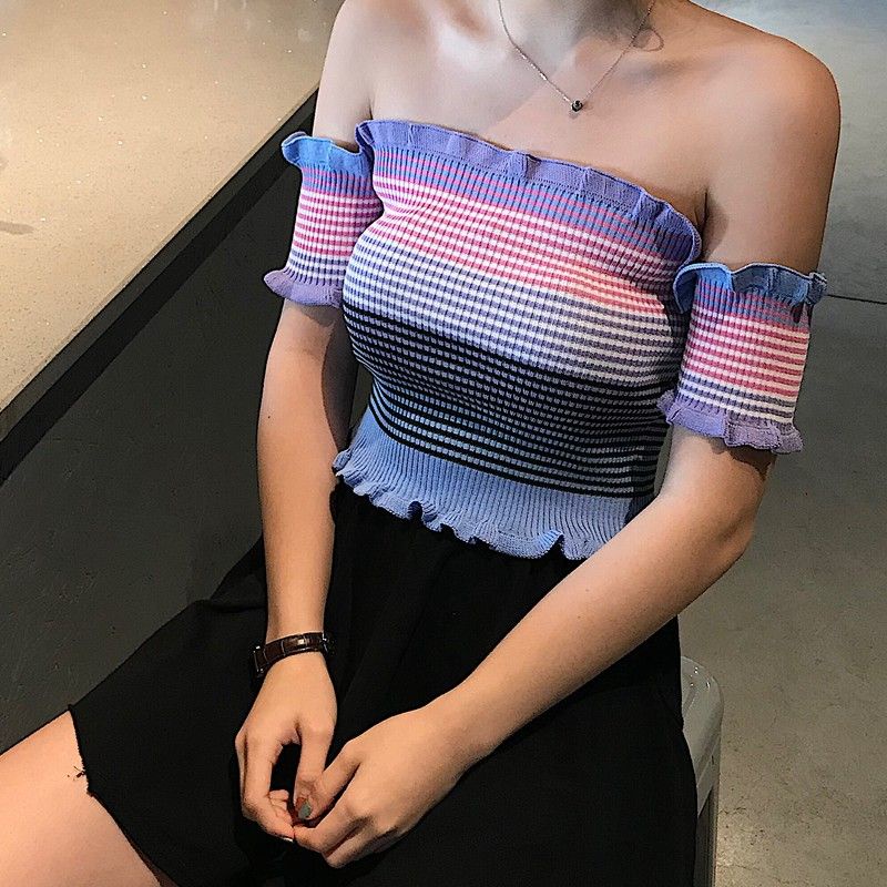 IELGY        Áo Thun Len Dệt Kim Trễ Vai Tay Ngắn Họa Tiết Kẻ Sọc Nhiều Màu Sắc Dành Cho Nữ