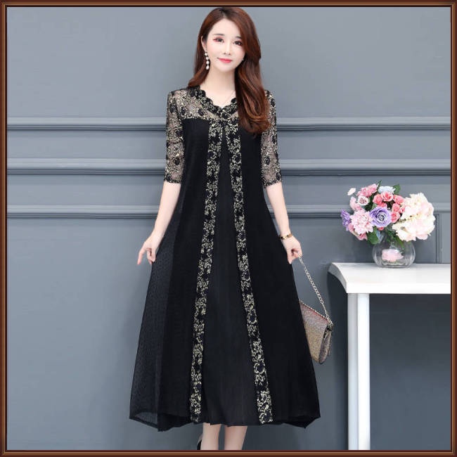 Đầm Dáng Rộng Cổ Chữ V Phối Lưới In Họa Tiết Xinh Xắn Thời Trang Cho Nữ