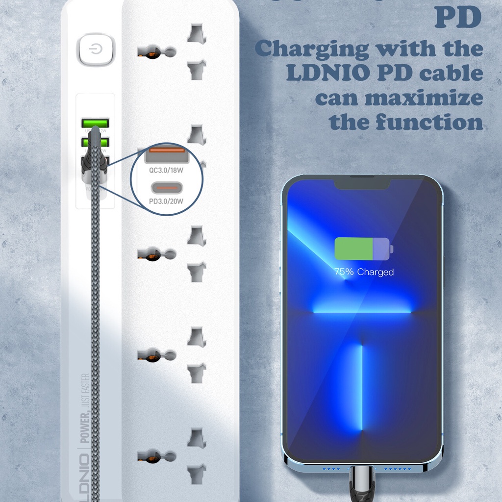 Ổ cắm điện LDNIO SC5415, 5 lỗ cắm + 3 USB-A & 1 USB-C , sạc nhanh PD & QC 3.0, dây 200CM, đầu EU 2 chấu tròn