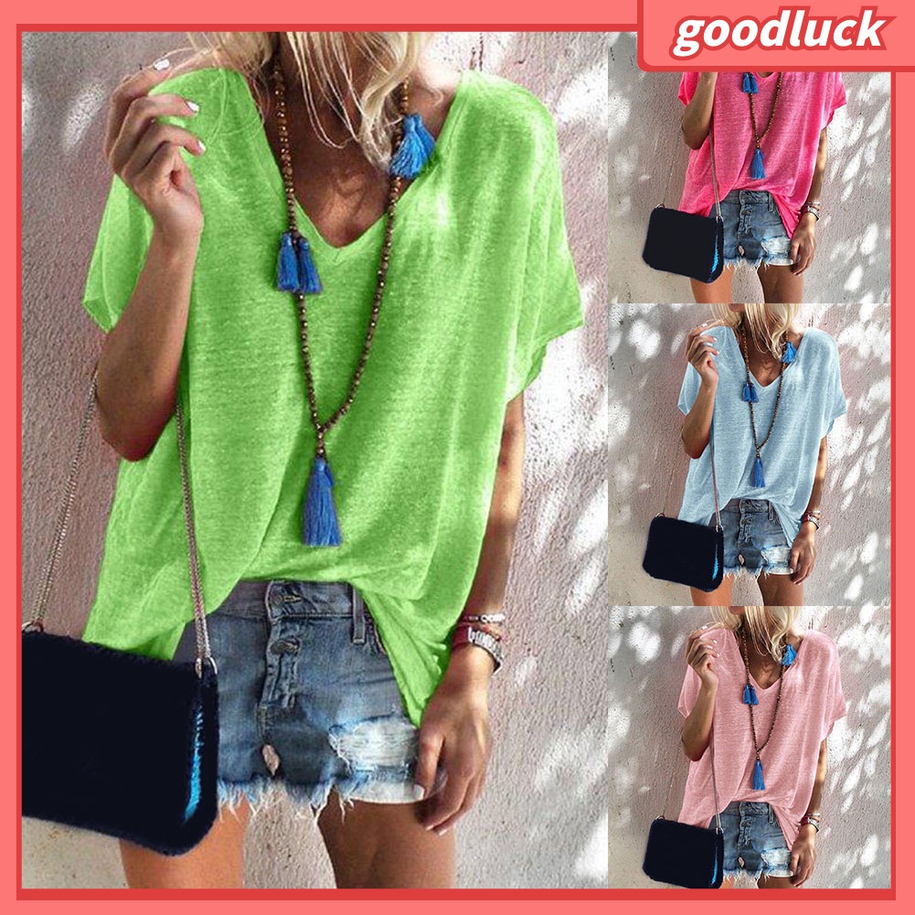 Áo Thun Tay Ngắn Cổ Chữ V Màu Sắc Đơn Giản Dành Cho Nữ