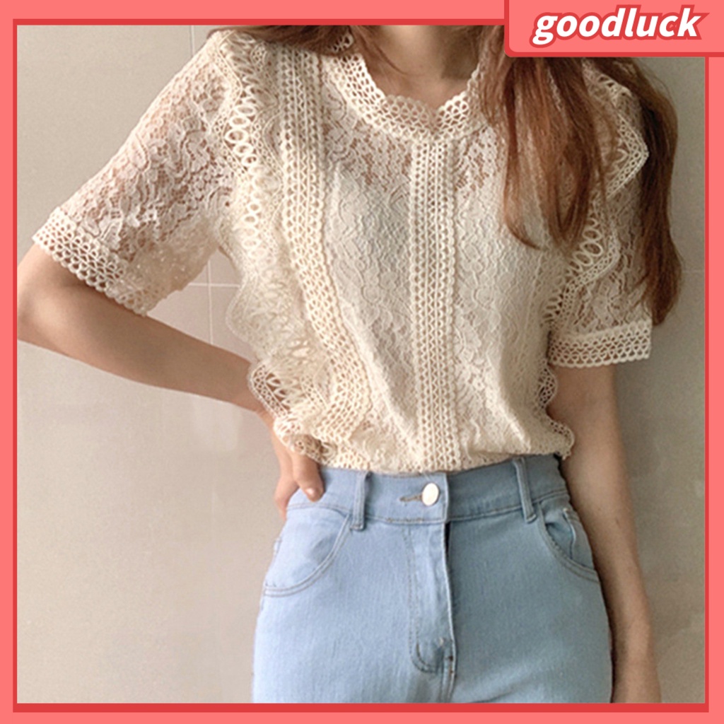 Áo Sơ Mi Tay Ngắn Cổ Tròn Dáng Rộng Phối Ren Thanh Lịch Thời Trang Mùa Hè
