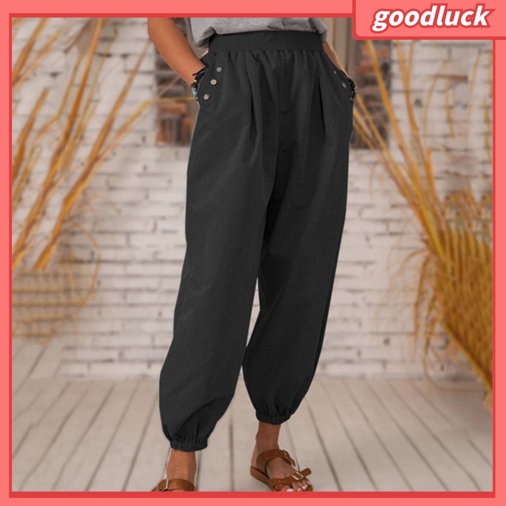 Quần Lửng Lưng Thun Màu Trơn Có Túi Đính Nút Trang Trí Đường Phố Cho Nữ