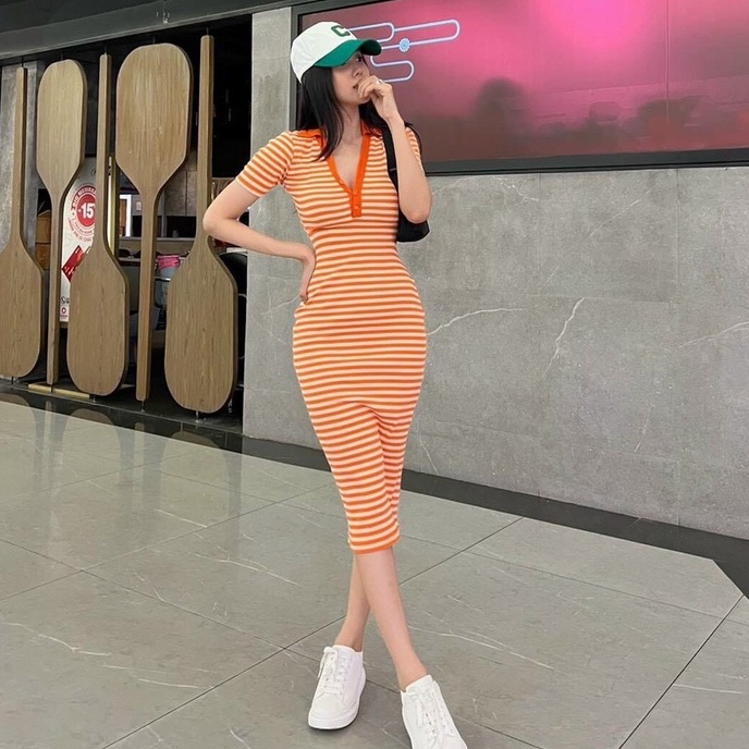 Đầm polo cổ tim ôm body 2 màu cam hồng sọc ngang cực hot , chất thun gân mềm mịn mk alohastore1