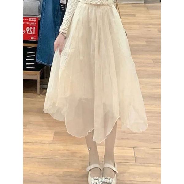 Set Áo Croptop Hai Dây + Chân Váy Lưới Lưng Cao Phong Cách Pháp Thời Trang Mới Cho Nữ