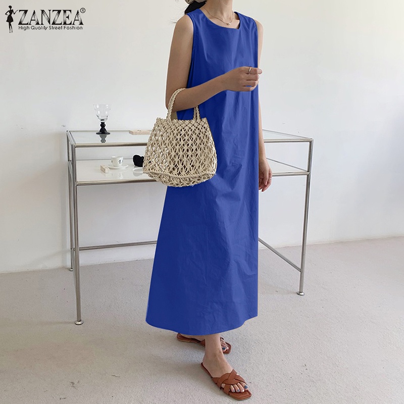 Đầm nữ ZANZEA cộc tay cổ tròn thời trang Hàn Quốc