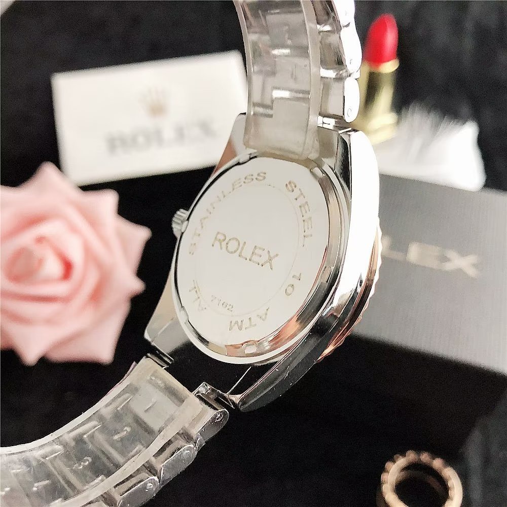 Đồng Hồ Rolex Mặt Tròn Đính Kim Cương Dây Da Thép Không Gỉ Thời Trang Cho Cặp Đôi