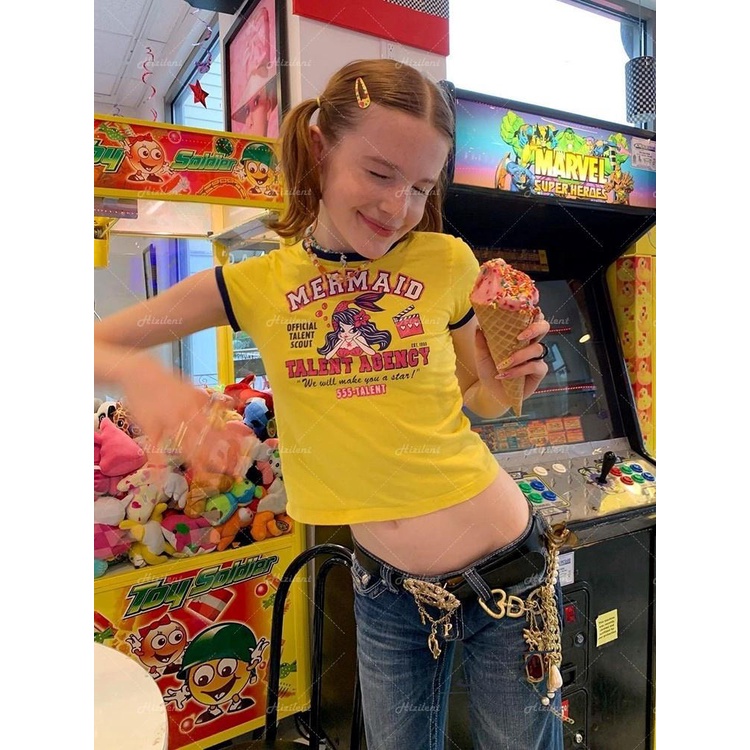 Áo Thun Tay Ngắn Cổ Tròn In Chữ Phối Màu Tương Phản Thời Trang Mùa Hè Xinh Xắn Cho Nữ