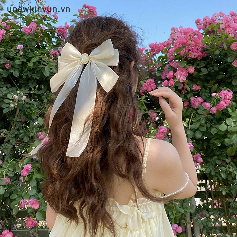 Kẹp Tóc Nơ Ruy Băng Màu Trơn Kiểu Vintage Thanh Lịch Cho Nữ