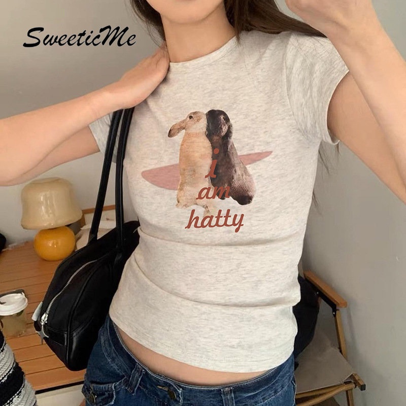 Áo Thun Tay Ngắn Cổ Tròn In Hình Thỏ Phối Màu Tương Phản Thời Trang 2023 Cho Nữ