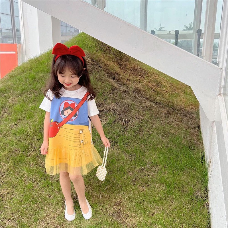 Planet Đầm Thun Tay Ngắn Phối Lưới In Hoạt Hình Bạch Tuyết Dễ Thương Cho Bé Gái