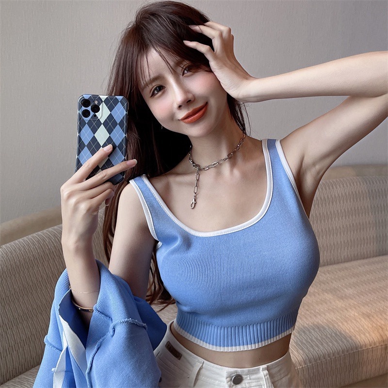 Áo Cặp Thun Gân Áo Ba Lỗ Viền Màu Kết Hợp Áo Khoác Ngoài Ngắn Tay TTSLA1192