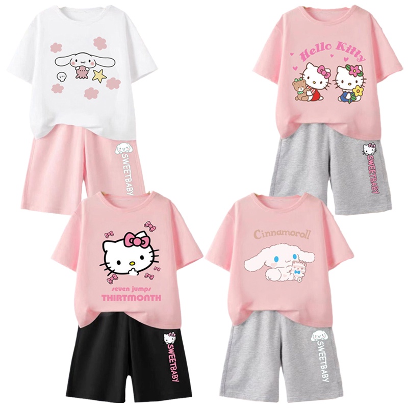 Set Đồ Thể Thao 2 Món Gồm Áo Thun Cotton Tay Cộc + Quần Ngắn In Họa Tiết Hello Kitty Cho Bé Gái