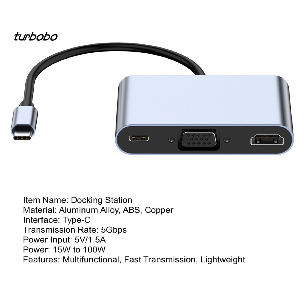 Turbobo Bộ Chia Cổng USB Type-C HDMI 3.5mm USB3.0 4K Bằng Hợp Kim Nhôm Chất Lượng Cao