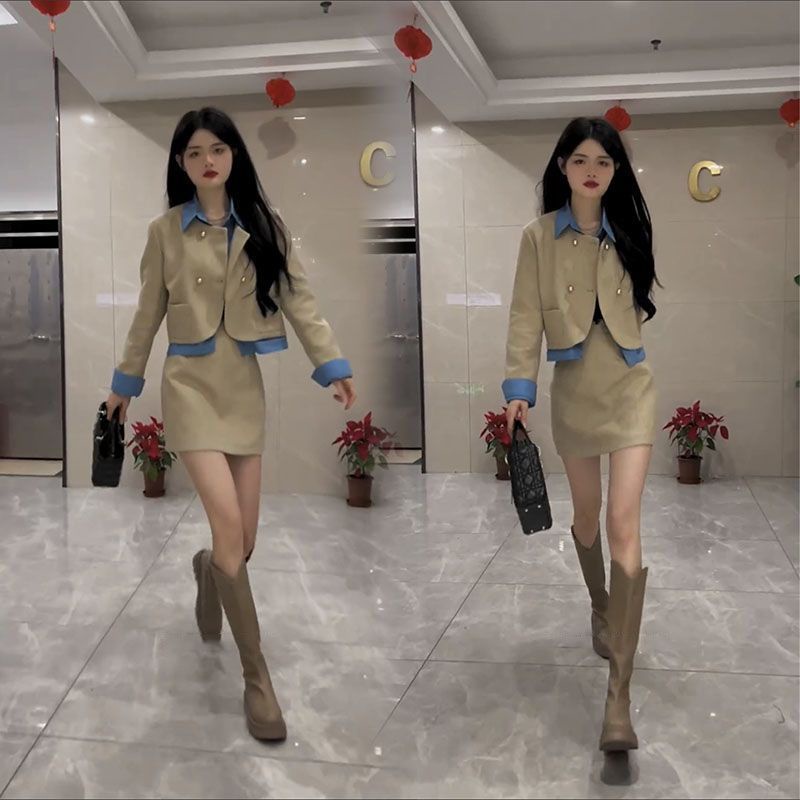 Hàng Mới Về Bộ Áo Khoác / Chân Váy Ngắn Phối Màu Tương Phản Thời Trang Mùa Xuân Châu Âu Cao Cấp