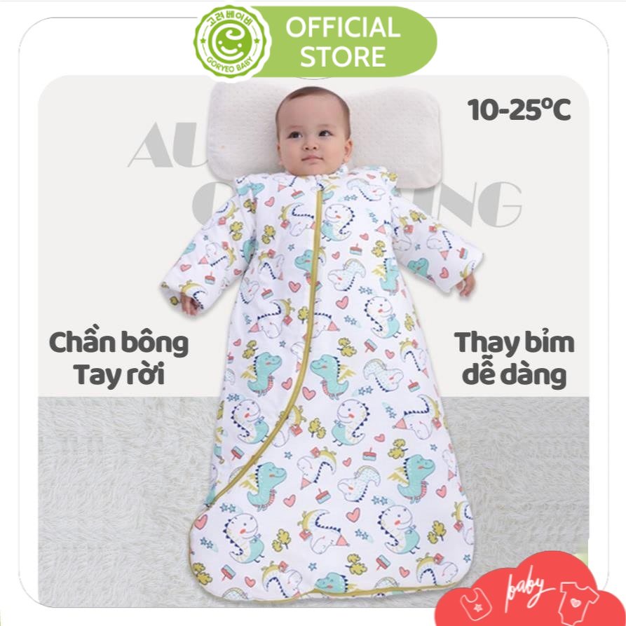 Túi Ngủ Mùa Đông Cho Bé Từ 0 Đến 5 Tuổi Cotton Mềm Mịn, Chần Bông Ấm Áp, Tay Có Thể Tháo Rời