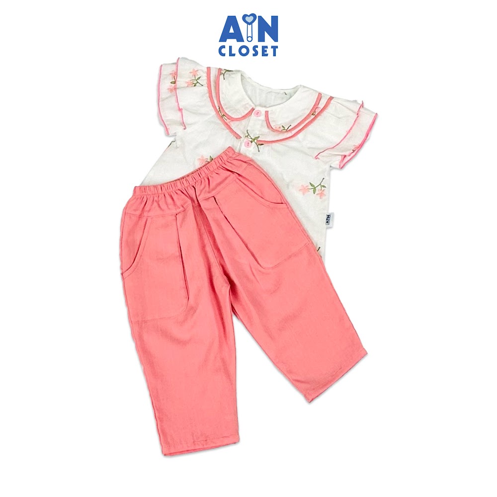 Bộ quần áo dài tay ngắn bé gái họa tiết hoa Tay Bèo quần Hồng cotton thêu - AICDBGHXRZWY - AIN Closet