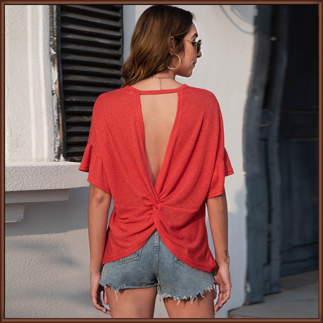 Áo Thun Tay Ngắn Cổ Tròn Hở Lưng Dáng Rộng Màu Trơn Thời Trang Mùa Hè Quyến Rũ Cho Nữ