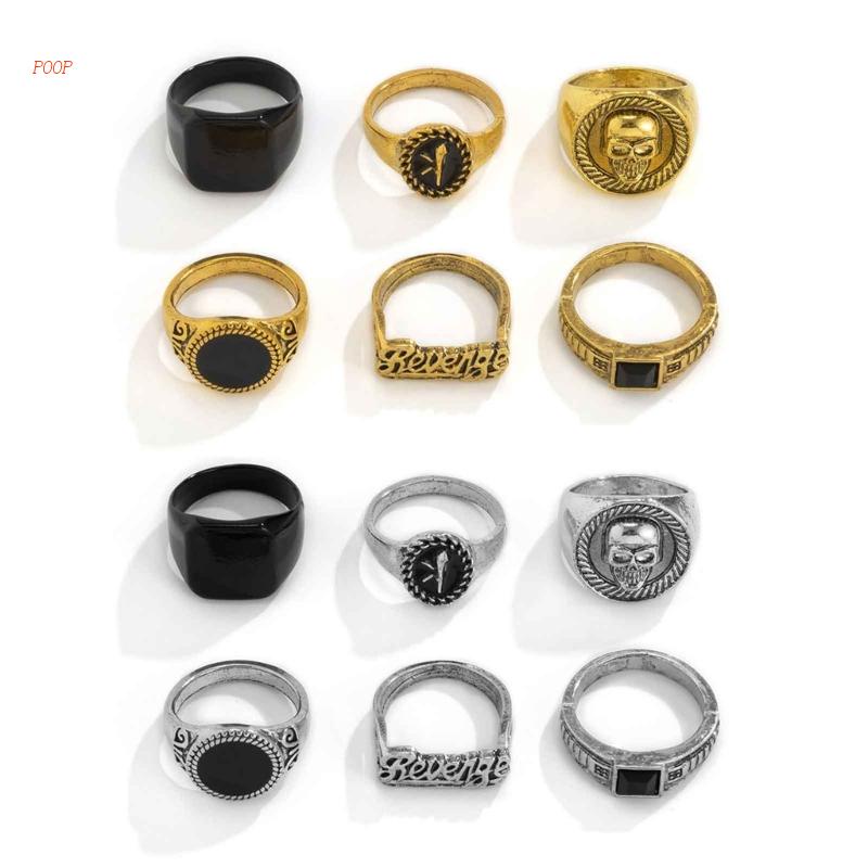 Bộ 6 Nhẫn Đá Đen Hình Bộ Xương Phong Cách Gothic Cho Cặp Đôi Emo Y2k