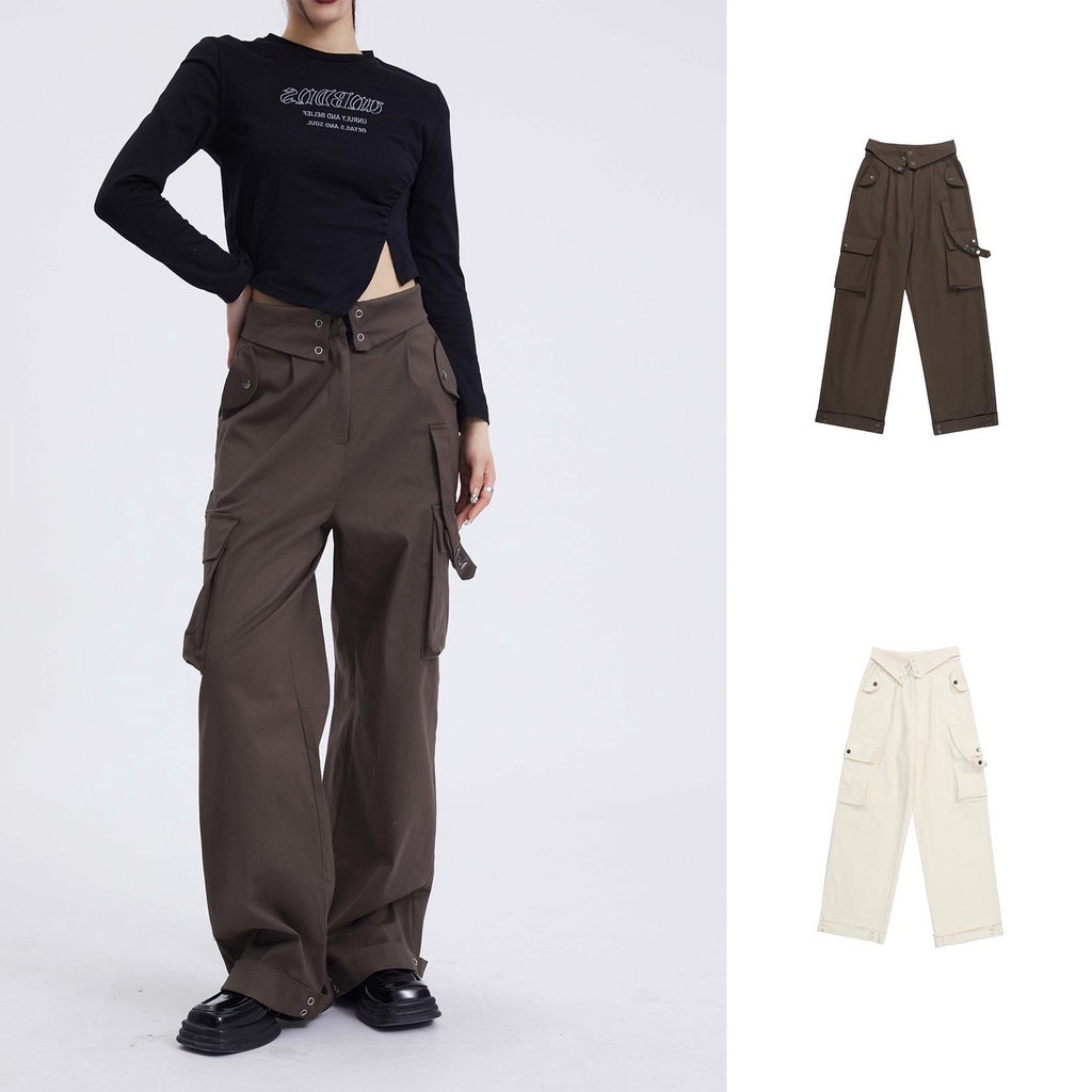 Quần Dài Ống Đứng Nhiều Túi Phong Cách Đường Phố Mỹ Thời Trang Cho Nữ