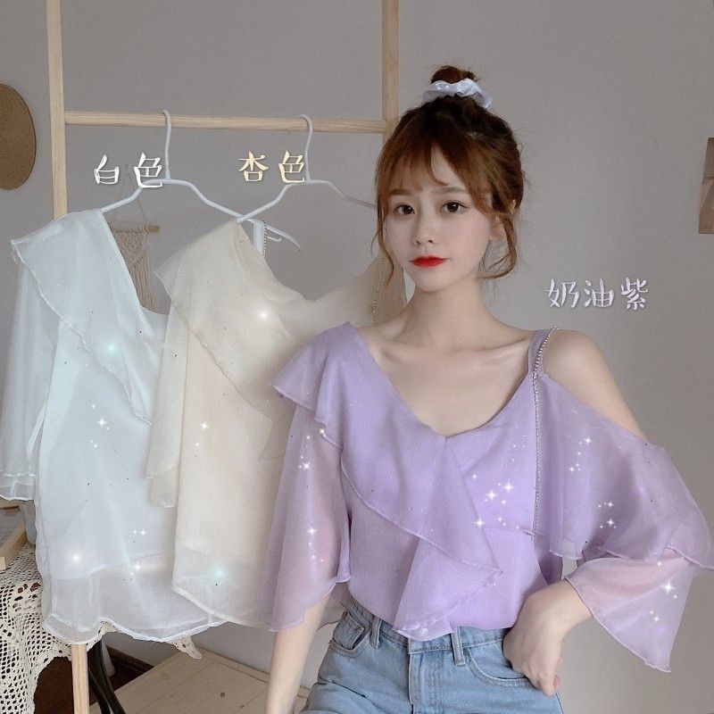 Áo Sơ Mi Voan Cổ Tim Trễ Vai Xinh Xắn Dành Cho Nữ