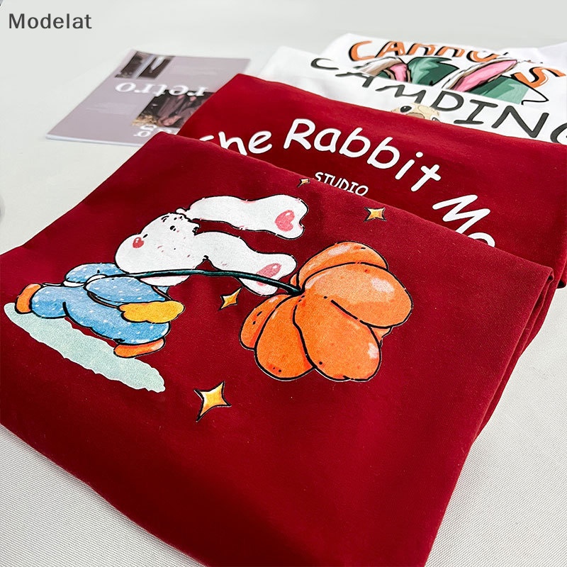 Áo Thun T-shirt Cotton Cổ Tròn Tay Ngắn In Hình Thỏ Mùa Hè Cho Nữ