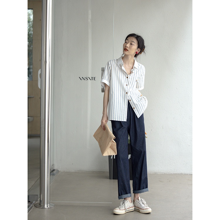 SUXI Áo Sơ Mi Tay Ngắn Dáng Rộng Họa Tiết Kẻ Sọc Thời Trang Mùa Hè Cho Nữ