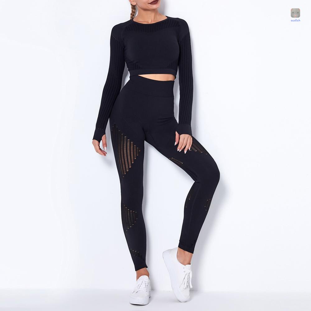 Set Đồ Tập Thể Thao Gồm Áo Croptop Dài Tay Và Quần Legging Lưng Cao Họa Tiết Sọc Thời Trang Cho Nữ