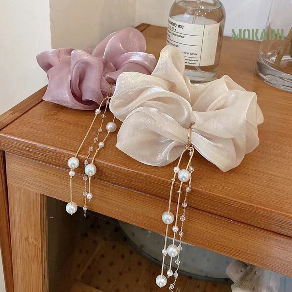 Dây Cột Tóc Satin Co Giãn Tốt Màu Trơn Đính Ngọc Trai Giả Xinh Xắn Cho Nữ