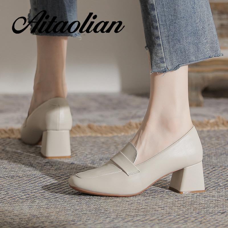 Giày Cao Gót 6cm Da Thật Mũi Vuông Phong Cách retro Anh Quốc Cho Nữ Mềm