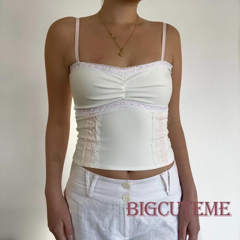 [] - Áo Crop Top Không Tay Phối Ren Màu Trắng Phong Cách Đường Phố Dự Tiệc Thường Ngày Cho Nữ