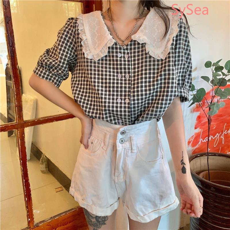 Áo Kiểu Tay Phồng Cổ Búp Bê Form Rộng Họa Tiết Sọc Caro Phong Cách Pháp