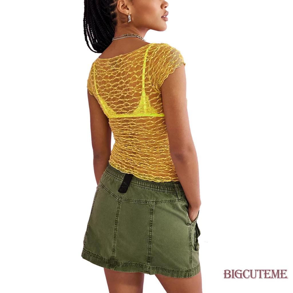 Áo Crop Top Tay Ngắn Cổ Chữ U Xuyên Thấu Màu Sắc Đơn Giản Dành Cho Nữ