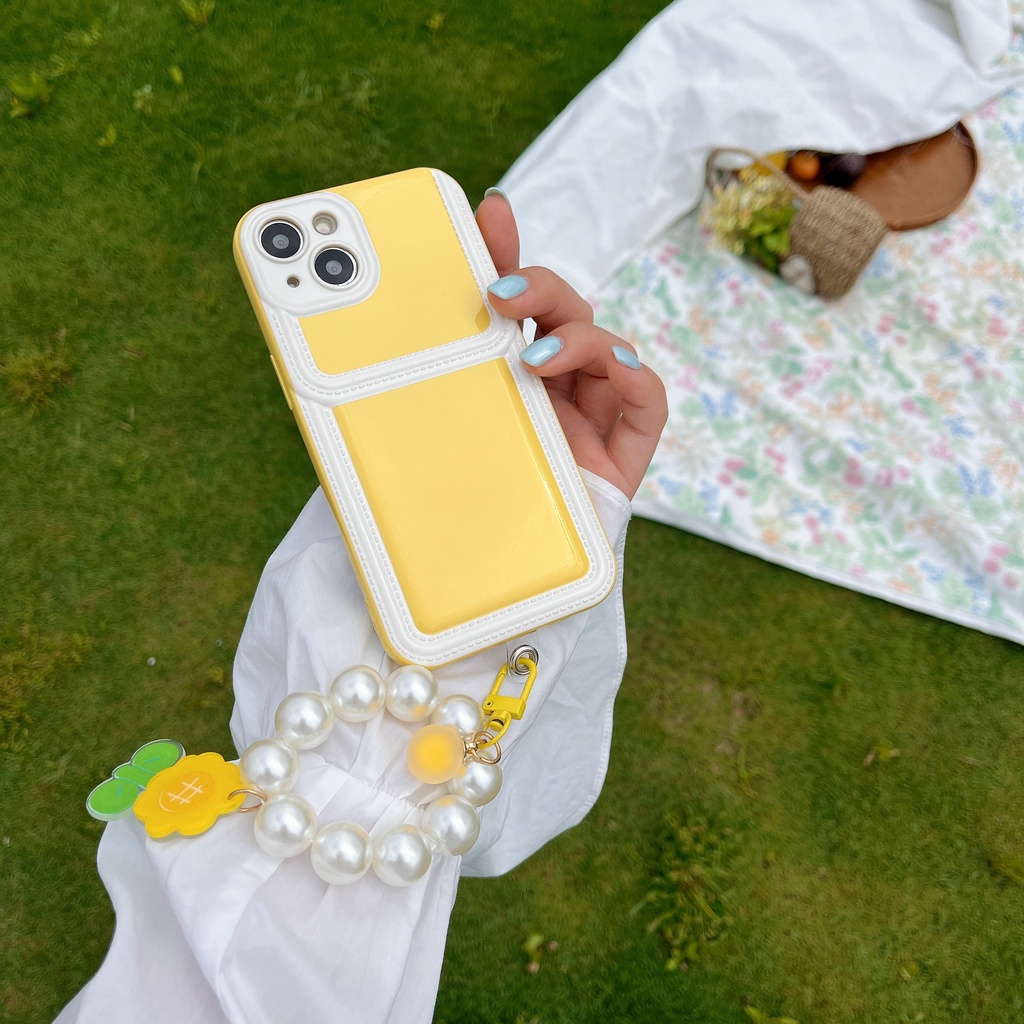 Ốp Điện Thoại tpu Silicon Mềm Màu Kẹo Có Ngăn Đựng Thẻ Và Dây Đeo Ngọc Trai Cho iPhone 14 13 12 11 PRO MAX