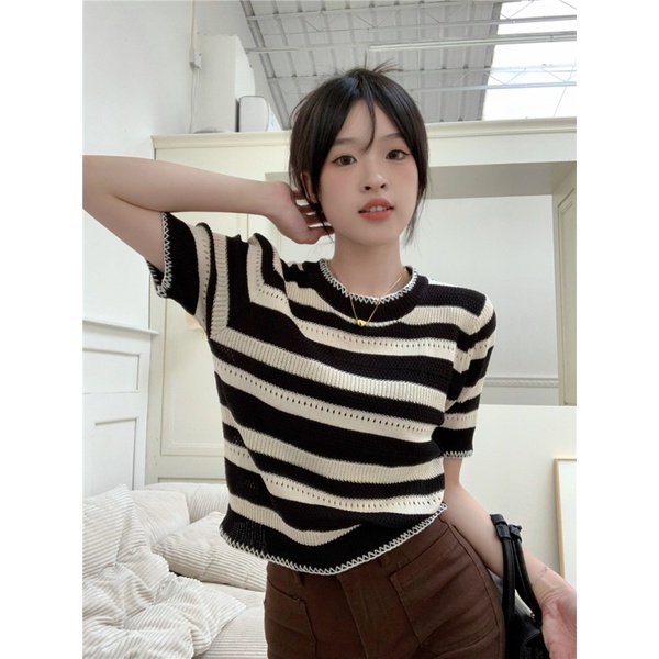 NZN Áo Thun Tay Ngắn Họa Tiết Kẻ Sọc Thời Trang Mùa Hè Phong Cách Mới Cho Nữ