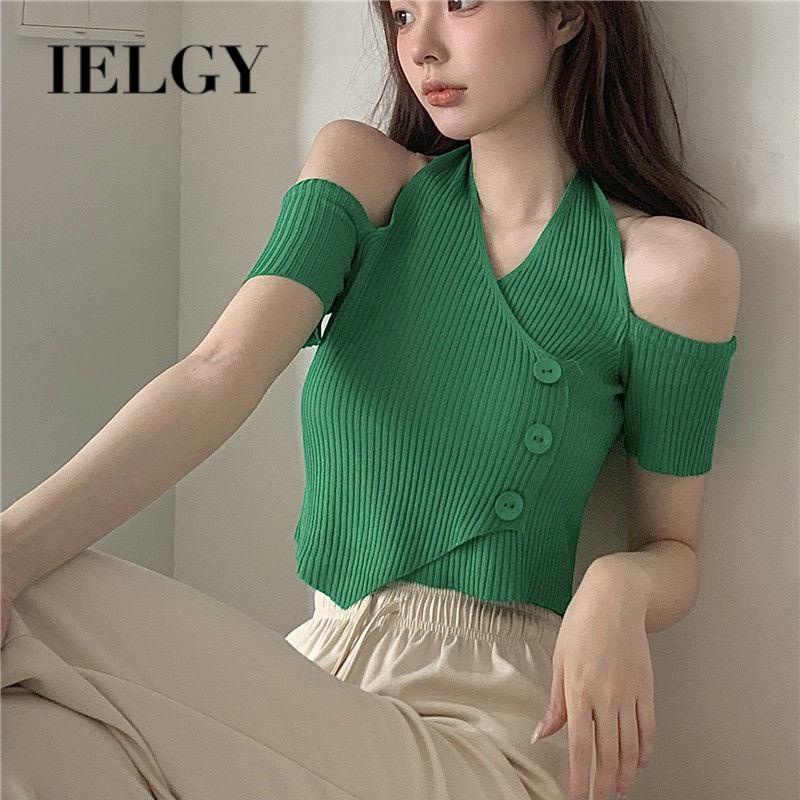 IELGY    Áo Thun Tay Ngắn Cổ Chữ v Hở Vai Phong Cách retro Dành Cho Nữ
